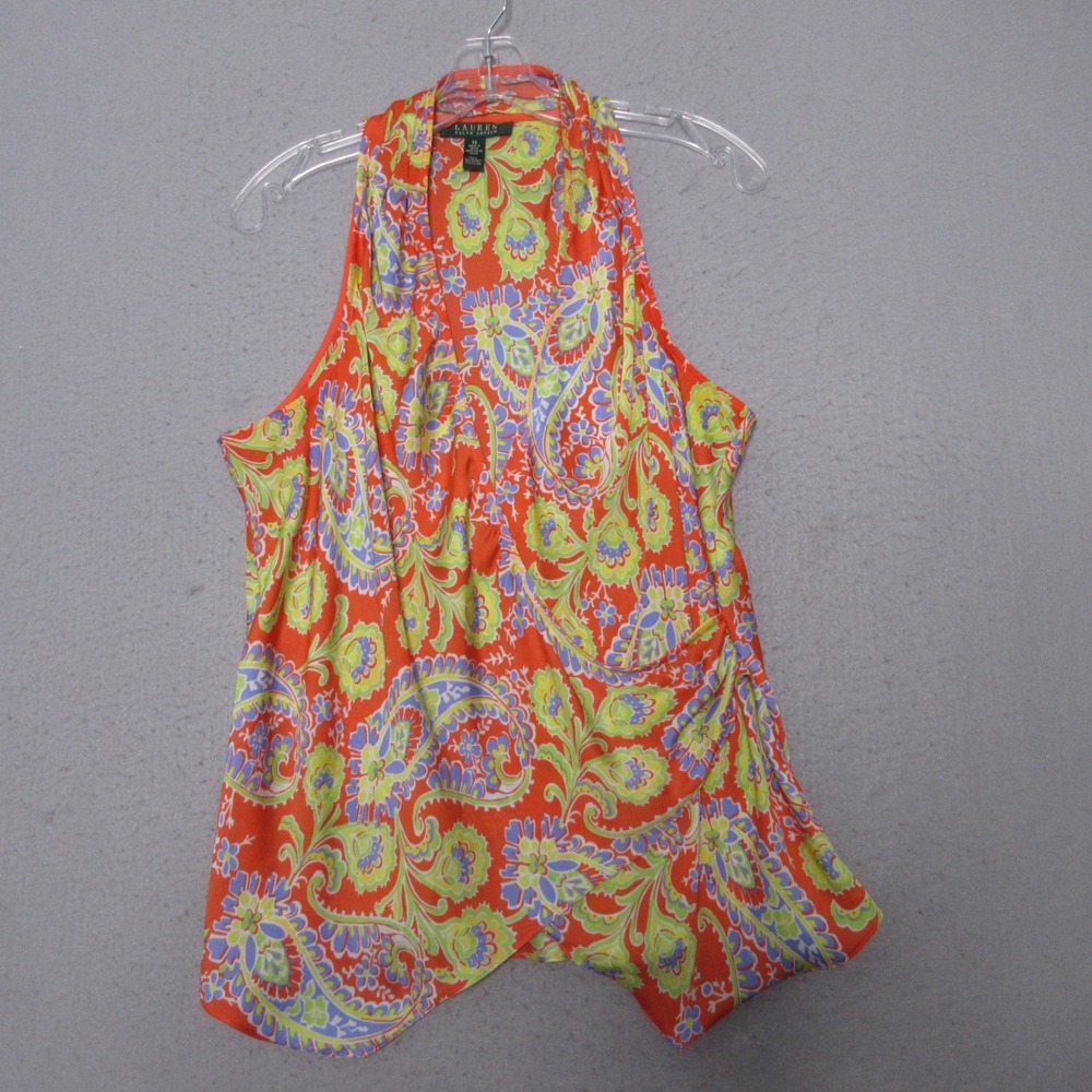 Lauren Ralph Lauren Top 14 Red Yellow Paisley Faux Wrap Old Money Sleeveless